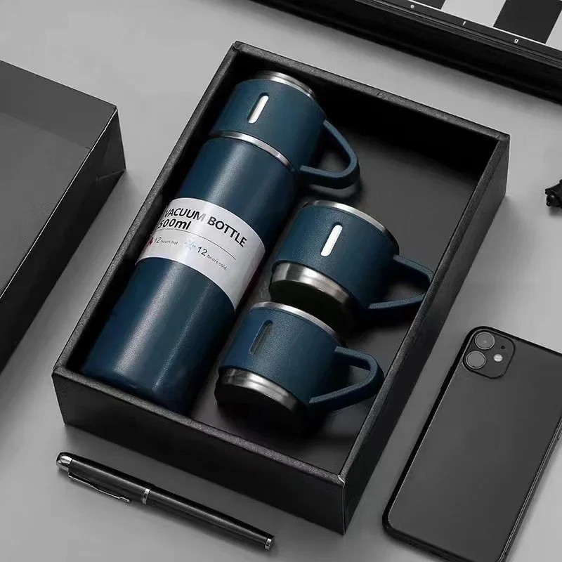 Vacuum Flask Set for Hot and Cold || Stainless Steel  || Insulated Flask with 3 Steel Cups (Assorted Colors)